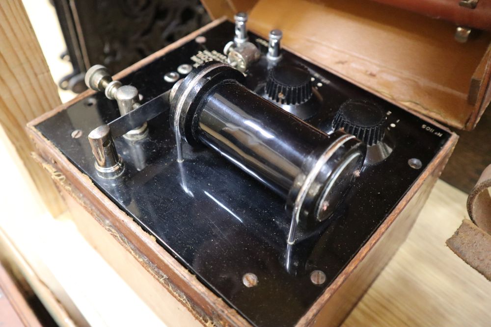 An early 20th century Wheatstone Bridge Precision Resistance OHMS Unit and sundry other vintage equipment,